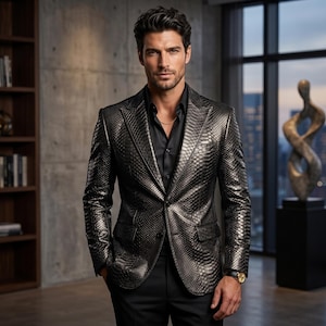 May include: A dark metallic blazer featuring a textured snakeskin pattern, worn over a solid black button-down shirt. The blazer has notched lapels, two front buttons, and flap pockets. A gold-toned wristwatch is visible on the left wrist.