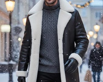 Ny herrkappa i svart med vit fårskinn | Vinterjacka i äkta fårskinn | Varm pälsfodrad läderöverrock | Julvinterkläder