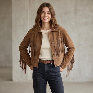 May include: A brown suede jacket with fringe detailing on the sleeves and chest. The jacket has a button-up front and a collar. The person is wearing a cream-colored top, a brown belt, and dark wash jeans. A gold necklace is visible.