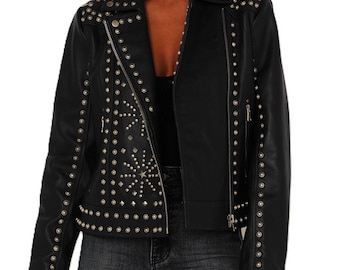 Handmade Women's Black Leather Biker Jacket: Star Studded Punk Gothic Style