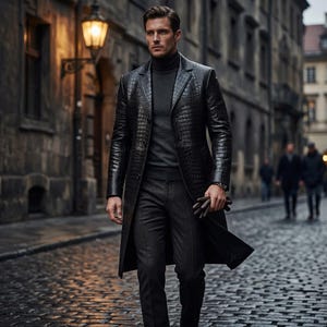 May include: A black, long leather coat with a crocodile skin texture. The coat is worn over a gray turtleneck sweater and dark gray pants. The person is holding gloves and walking on a cobblestone street.