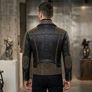 Herr Spiked Leather Jacket Python Snakeskin Biker Coat Nited Punk Rock Heavy Metal Gothic Statement Motorcykel Ytterkläder bild 2