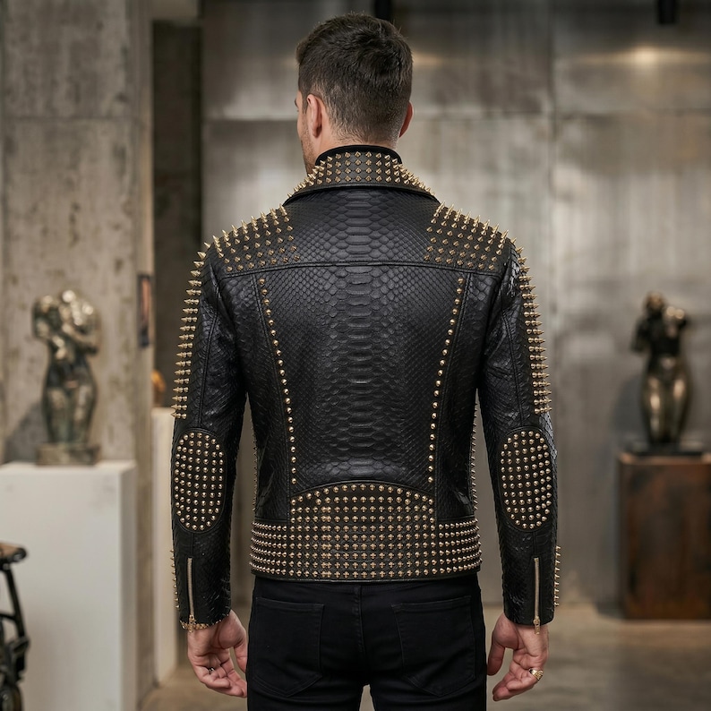 Herr Spiked Leather Jacket Python Snakeskin Biker Coat Nited Punk Rock Heavy Metal Gothic Statement Motorcykel Ytterkläder bild 2