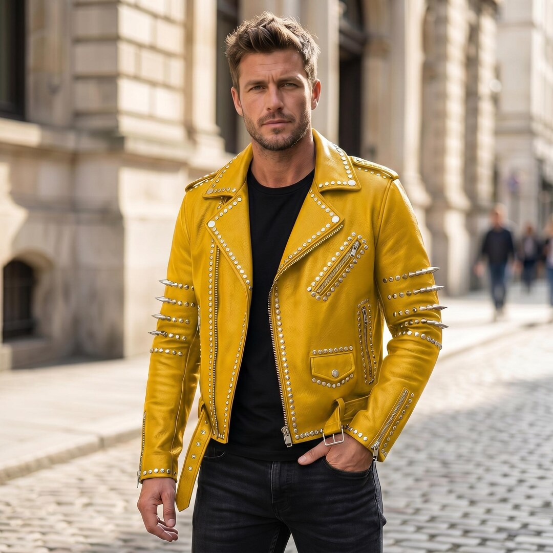 Rock Performance Jacket Men's Studded Leather Jacket Punk Rock Spike Biker Coat Gothic Rock ...