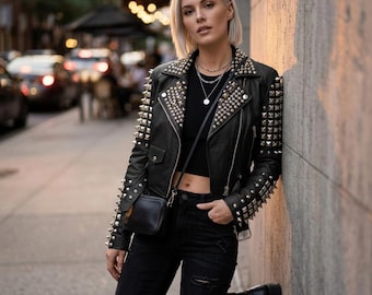 Women's Black Gothic Studded Leather Moto Jacket, Punk Rock Silver Spike Rivet Biker Outfit