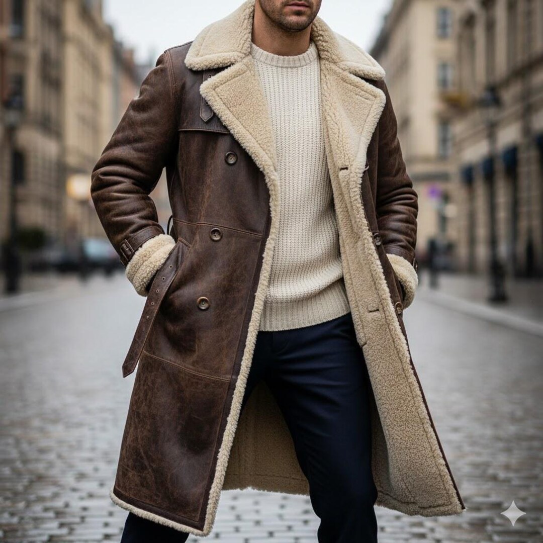 Men's Real Leather Shearling Trench Coat | Brown Winter Long Coat