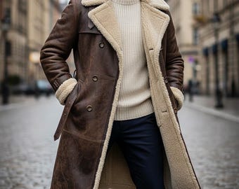 Men’s Real Leather Shearling Trench Coat | Brown Winter Long Coat | Luxury Sheepskin Overcoat