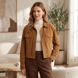 Chaqueta de ante para mujer - Chaqueta bomber de cuero estilo camionero corta, abrigo de primavera a la moda