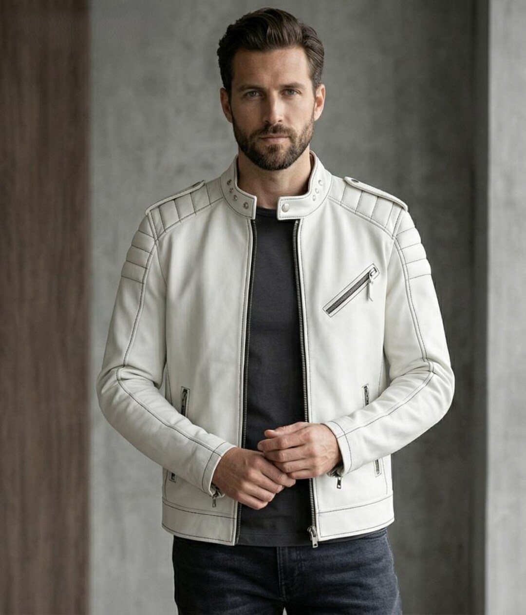 Men’s White Leather Café Racer Jacket, Real Brando Coat Vintage Retro ...