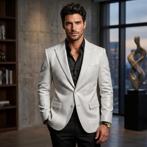 May include: A white blazer with a textured snakeskin pattern, worn over a black button-down shirt and black trousers. The blazer features notched lapels, two front flap pockets, and a single button closure. A gold wristwatch is visible on the wrist.
