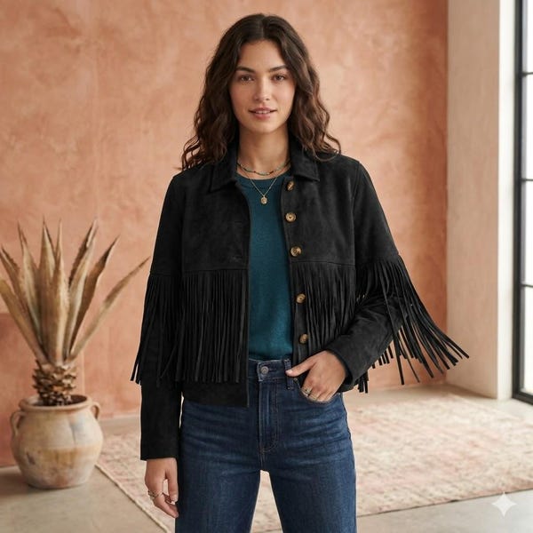 Women’s Black Suede Fringe Leather Jacket Western Cowgirl Coat Boho Chic Cropped Outerwear