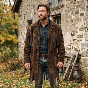 May include: A brown suede fringe jacket with a button-down front. The jacket features long fringe detailing on the sleeves and hem. The person is wearing a blue denim shirt and jeans with a brown leather belt. The background includes a stone building and autumn foliage.