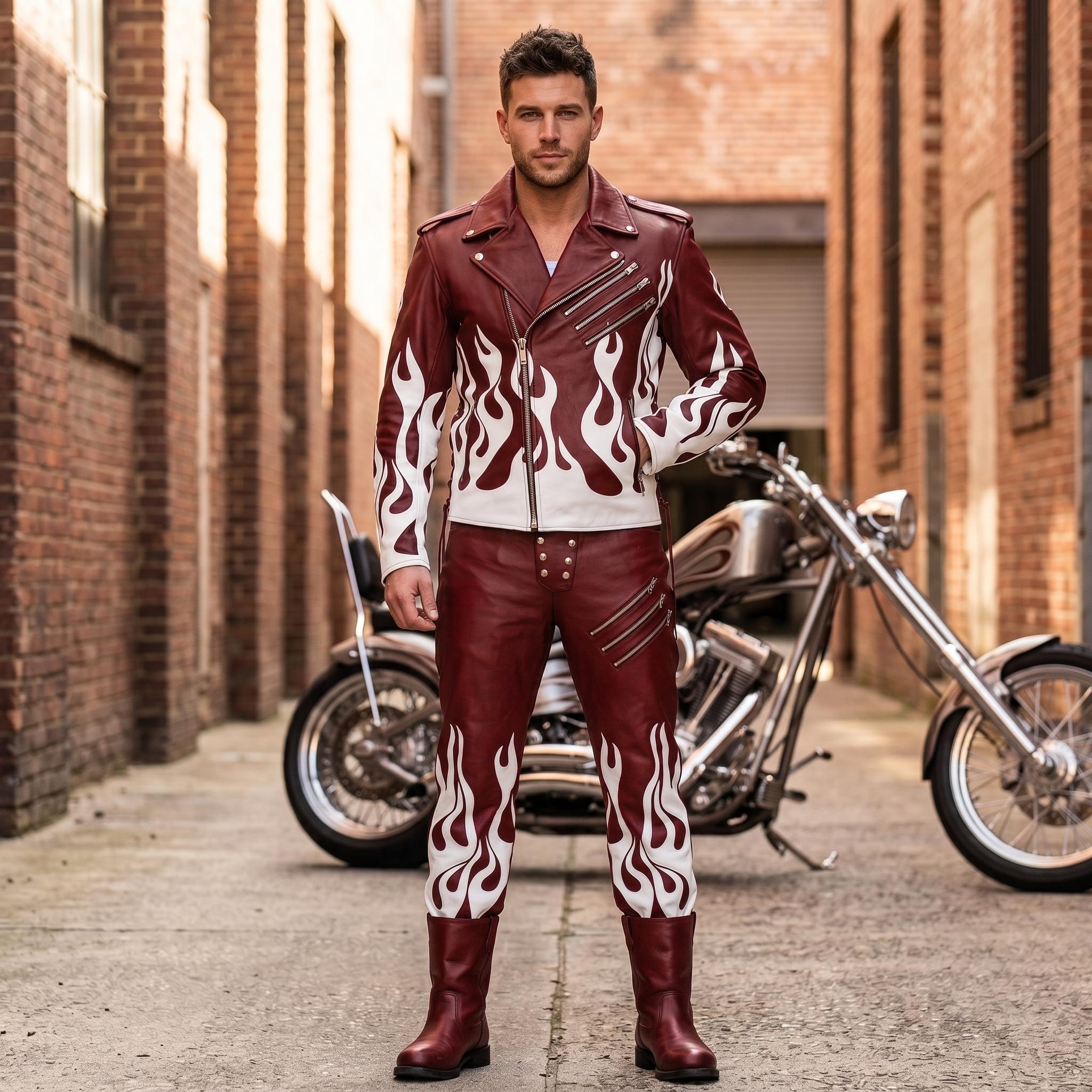 Men's Flame Leather Biker Jacket And Pent Set Handmade Moto Racing Coat, Gothic Punk Rock Streetwear Luxury 2-Piece Suit Statement