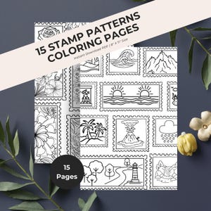 Peut inclure: Un ensemble de pages à colorier avec des motifs de timbres représentant des paysages et des scènes de la nature. Les dessins au trait en noir et blanc incluent des vagues, des montagnes et un phare. Le texte indique "15 Stamp Patterns Coloring Pages". Format 20.3 cm x 28 cm.