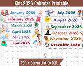 2026 Calendar Landscape | 12 Month Calendar for Kids, Printable Calendar Homeschool Calendar for Kids Ready to print PDF