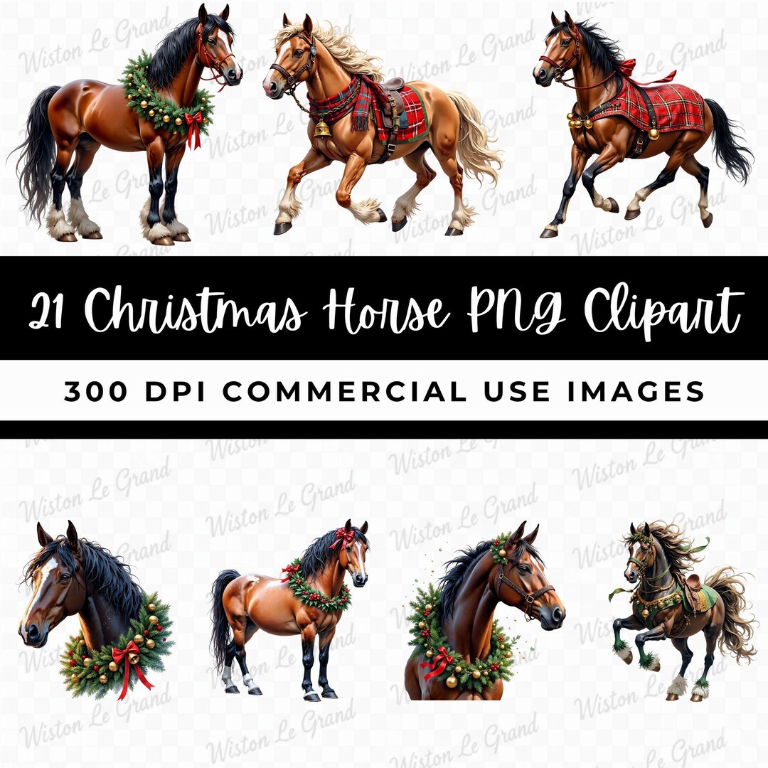 Christmas Horse PNG Clipart Set – Watercolor Horses, Festive Equestrian ...
