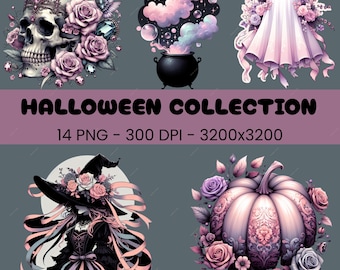 Gothic pastel Halloween clipart bundle, vintage PNG, pink Halloween clipart, goth pumpkin clipart, pastel Halloween PNG, witch ghost