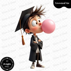 Puede incluir: Ilustración de dibujos animados de un graduado soplando una gran burbuja rosa. El graduado lleva un birrete negro con una borla dorada, una toga negra y una camisa blanca. La imagen incluye el texto "Commercial Use" y "Clipart Bundle 22 images PNG".