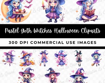 Pastel Gothic Witches Clipart Bundle | 12 Cute Halloween Watercolor Illustrations | PNG Transparent Background Instant Download
