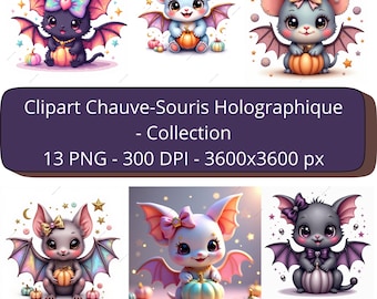 Kawaii-Fledermaus-Clipart | Holografisches & Gothic-PNG-Bundle