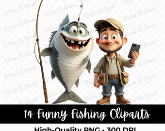 14 Humorous Fishing Clip Art Bundle, Cartoon Fishermen Illustrations, PNG Transparent or Colored Backgrounds, T-shirts, Mugs, Printables