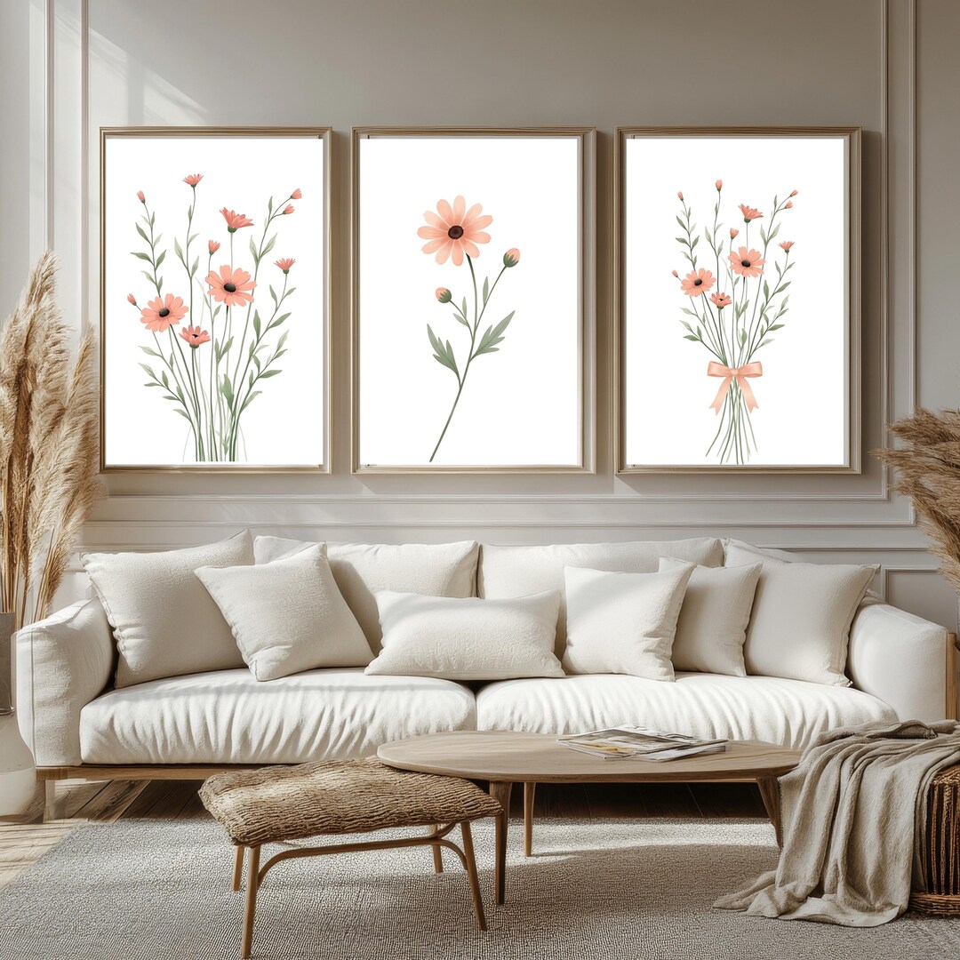 Minimal Floral Wall Art Set of 3 – Soft Retro Boho Flower Prints ...
