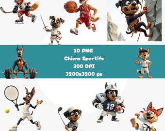 Sporty Dog Clipart | High-Quality PNG 3200x3200px, Football, Soccer, Baseball, Climbing, Hockey, Tennis | Digital Download