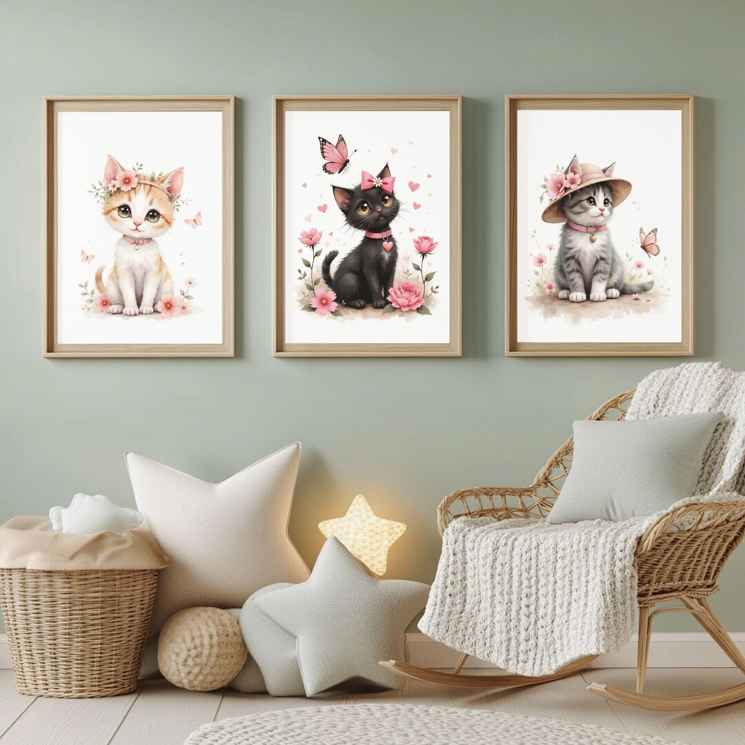 Floral Cat Nursery Wall Art Set of 3 – Cute Kitten Prints for Baby ...