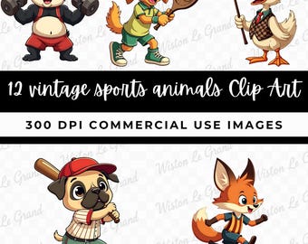 12 Vintage Sport Animal Cliparts – Funny Retro Cartoon Mascots – Transparent PNG Files for Stickers, Mugs, T-Shirts