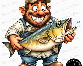 16 PNG面白いおじいちゃん釣りクリップアート - 大きな魚に乗る老人