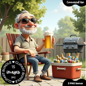 Peut inclure: Illustration de dessin animé d'un homme portant des lunettes de soleil tenant une chope de bière, assis dans une chaise en bois. Une glacière rouge remplie de canettes et de bouteilles de bière est à proximité. Un barbecue est en arrière-plan.