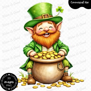 May include: A digital illustration of a smiling leprechaun in a green hat and coat, holding a pot of gold coins. A four-leaf clover is next to the hat. The image has the text "Commercial Use" and "Clipart Bundle 20 images PNG".