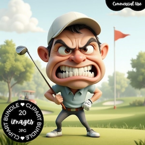 May include: Cartoon illustration of an angry golfer on a green golf course, holding a golf club. The golfer is wearing a white cap, light blue polo shirt, gray pants, and white shoes. The image includes the text "CLIPART BUNDLE 20 images JPG".