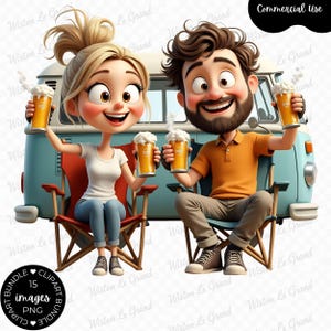 Peut inclure: Illustration de dessin animé d'un couple souriant tenant des chopes de bière, assis dans des chaises de camping devant un van bleu. La femme porte un t-shirt blanc et un jean, l'homme un polo orange et un pantalon kaki. Avec "Commercial Use".