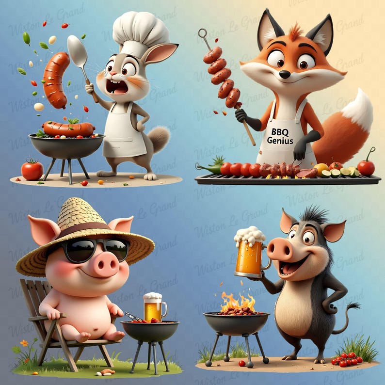 BBQ Humor Clipart Bundle – Funny Cartoon Animals Grilling & Beer – PNG ...