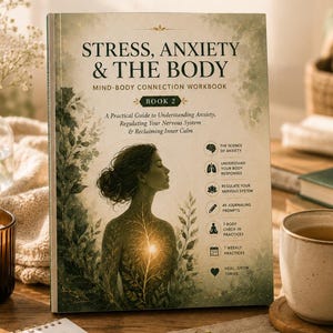 Puede incluir: Un libro de ejercicios titulado Stress, Anxiety & The Body Mind-Body Connection Workbook Book 2. La portada muestra la silueta de una persona con ramas de árbol internas, 49 indicaciones para escribir un diario, 7 prácticas de chequeo corporal y 7 prácticas semanales. Contiene 108 páginas y 7 capítulos.