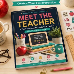 May include: A 10-page printable Meet the Teacher bundle featuring a dark blue cover with pink and yellow text. The cover displays a classroom scene with a red apple, a small chalkboard, a teal mug, and pens. It includes icons for print and use, family friendly, all year, and write-in pages.