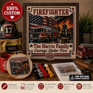 Puede incluir: Un cuadro de punto de cruz enmarcado que muestra a un bombero, un camión de bomberos y una bandera estadounidense con el texto FIREFIGHTER, The Harris Family y Courage Under Fire. Incluye un bastidor, madejas de hilo y un patrón impreso.