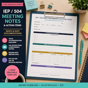 Peut inclure: Un formulaire imprimable de notes de réunion IEP et 504 sur un presse-papier. Le document comprend des sections pour le nom de l'élève, le type de réunion, les aménagements, les mises à jour des progrès et les actions à entreprendre en format 21,59 x 27,94 cm.