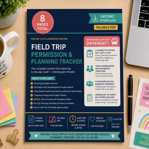 Può includere: Un documento di 8 pagine per la pianificazione e l'autorizzazione delle gite scolastiche, blu scuro con accenti verde acqua e rosa. Il testo include 'Field Trip Permission & Planning Tracker', 'What Makes This Kit Different?' e 'Fillable PDF'.