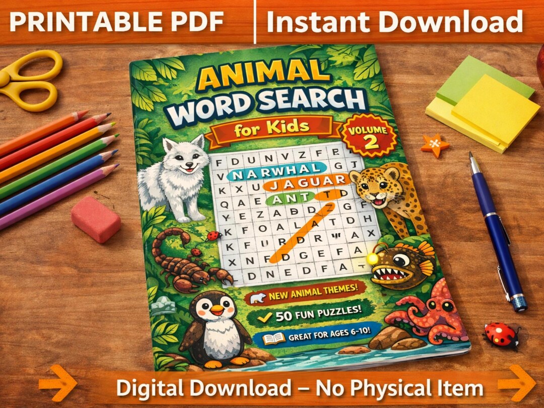 Animal Word Search for Kids Printable PDF - 50 Easy Puzzles Ages 4-8