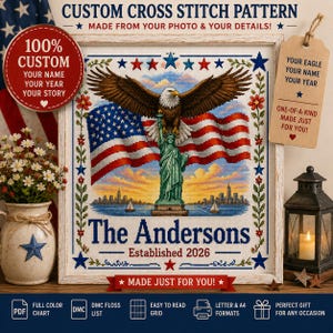 Op de afbeelding: Een ingelijst kruissteekpatroon met een Amerikaanse zeearend met gespreide vleugels boven het Vrijheidsbeeld en een Amerikaanse vlag. Het ontwerp bevat de tekst The Andersons en Established 2026, omringd door een rand van rode en blauwe sterren.