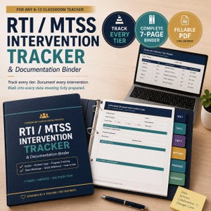 Może przedstawiać: Ciemnoniebieski segregator do śledzenia interwencji RTI/MTSS dla nauczycieli K-12. Zestaw zawiera segregator z zakładkami, wypełnialny szablon PDF wyświetlany na ekranie laptopa oraz arkusz indywidualnego dziennika interwencji ucznia.