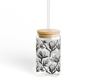 Floral Sipper Glass: 16oz Tempered Glass with Tritan Straw