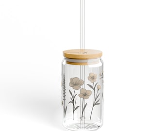 Botanical Sipper Glass: Floral Drinkware, Eco-Friendly 16oz