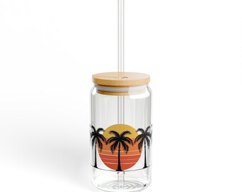 Tropical Sunset Sipper Glass with Bamboo Lid: Eco-Friendly Drinkware