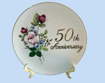 Vintage 50th Anniversary Porcelain Plate Floral Gold Trim Celebration Home Decor