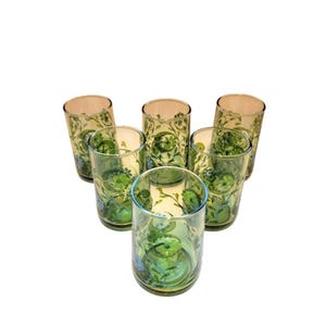 MCM Libbey Juice Glasses Green & Blue Daisy Set of 6 Vintage Nostalgic Glassware-Vintage Glasses-Floral Glassware-