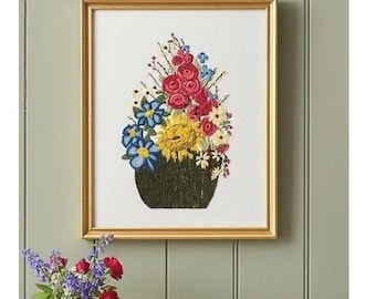 Vintage MCM Framed Crewel Embroidery Wall Art, Floral Needlepoint