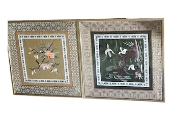 Asian Framed Silk Embroidered Wall Art, Vintage Bird Floral Decor, Gold Framed, 10"